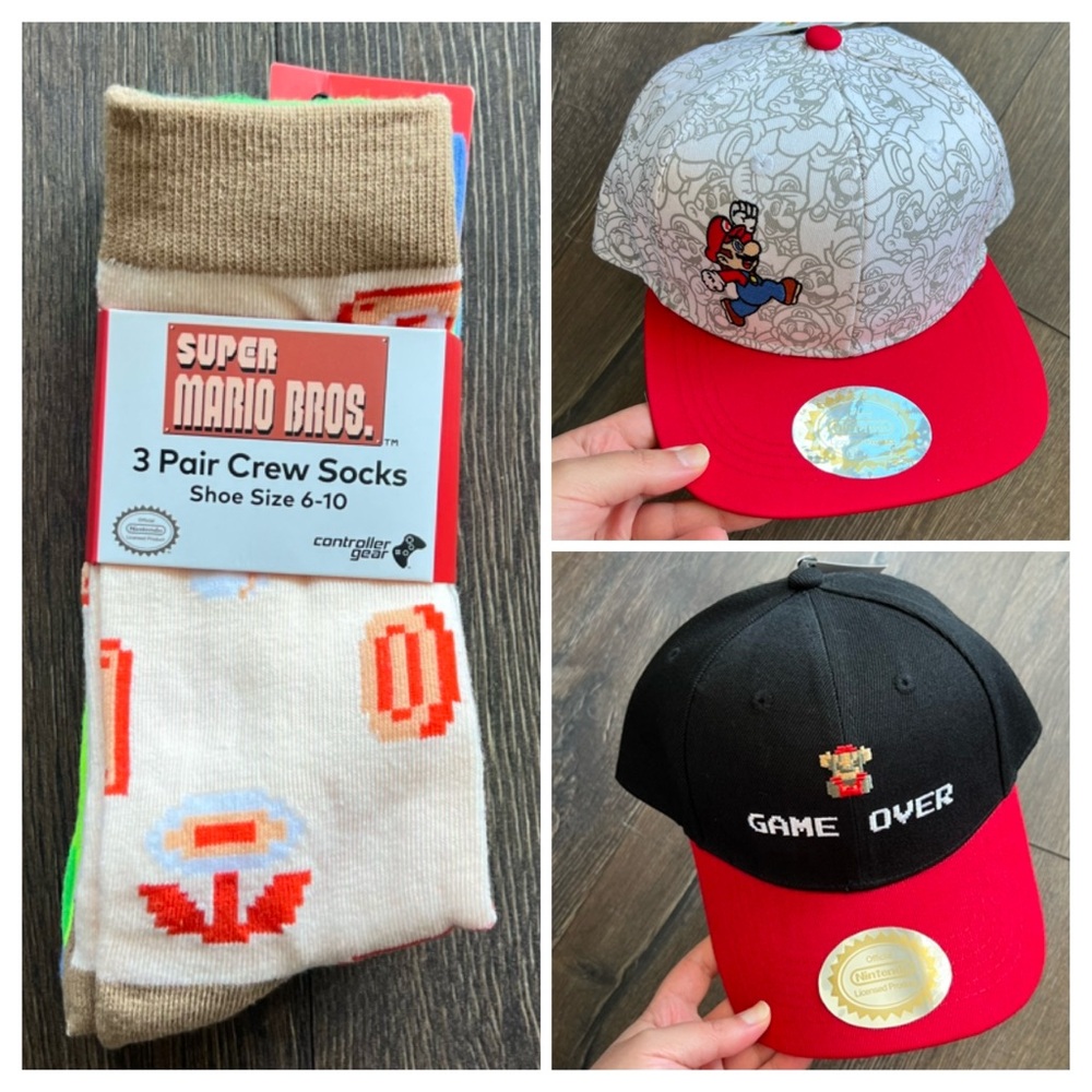 New! Bundle of three Super Mario merchandise.Two hats + 3 pack socks (size 6-10)